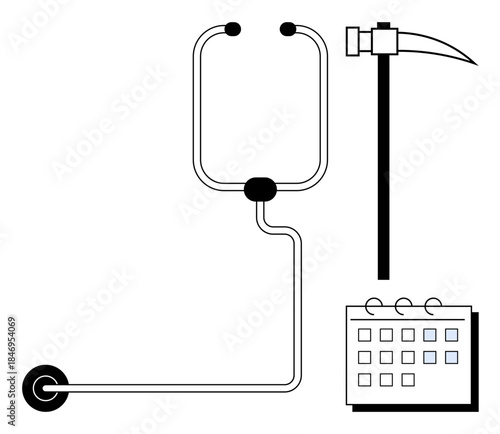 Mining pickaxe, coiled wire connecting to a calendar, symbolizing industrial efficiency, planning, and time management. Ideal for mining, resources, manufacturing, project management deadlines