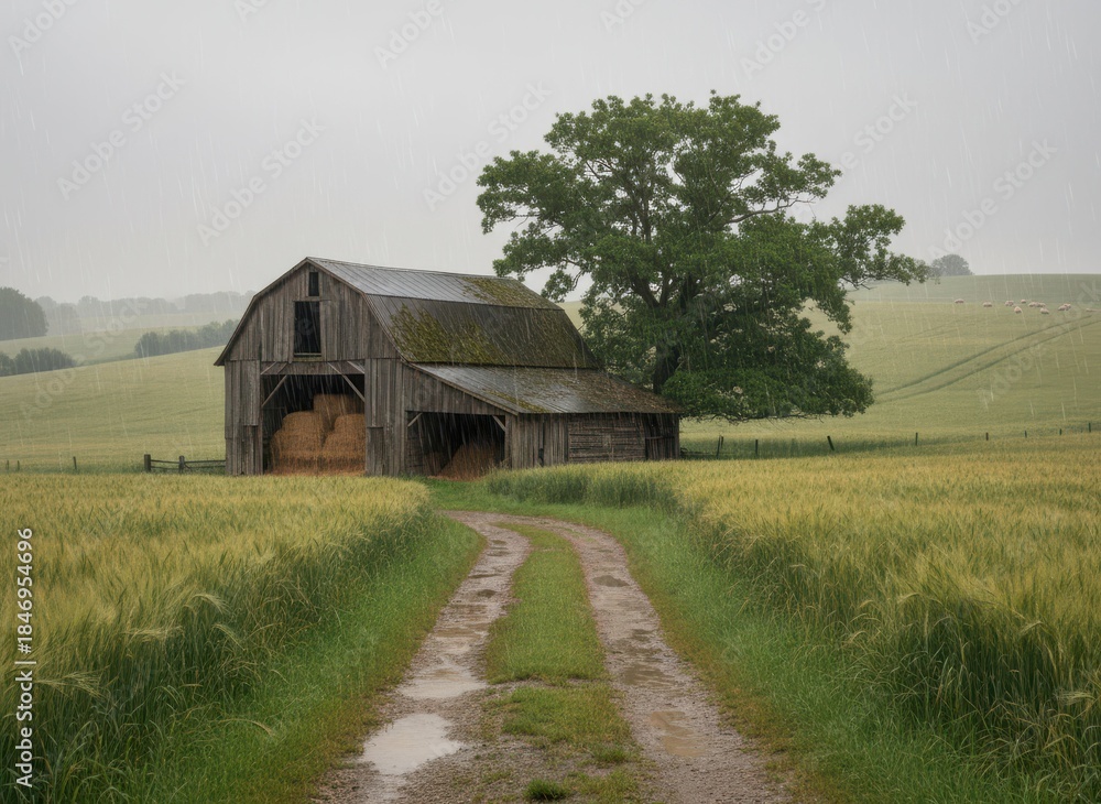 Obraz premium Rustic Farm Scene with Barn and Green Fields in Rainy Weather