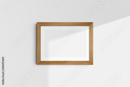 Horizontal frame mockup 7:5, 70x50, A4, A3, A2, A1 landscape. Single cherry wood frame mockup. Clean, modern, minimalist, bright. Passepartout/mat opening in 3:2 aspect ratio. Shadow overlay.