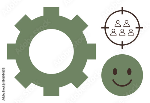 Green gear, group in crosshair, smiling face communicate teamwork, strategy, and satisfaction. Ideal for business, productivity, efficiency, customer satisfaction goal-setting problem-solving
