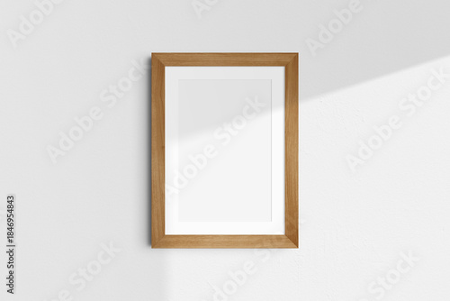 Frame mockup 5x7, 50x70, A4, A3, A2, A1. Single cherry wood frame mockup. Clean, modern, minimalist, bright. Portrait. Vertical. Passepartout/mat opening in 2:3 aspect ratio. Shadow overlay.