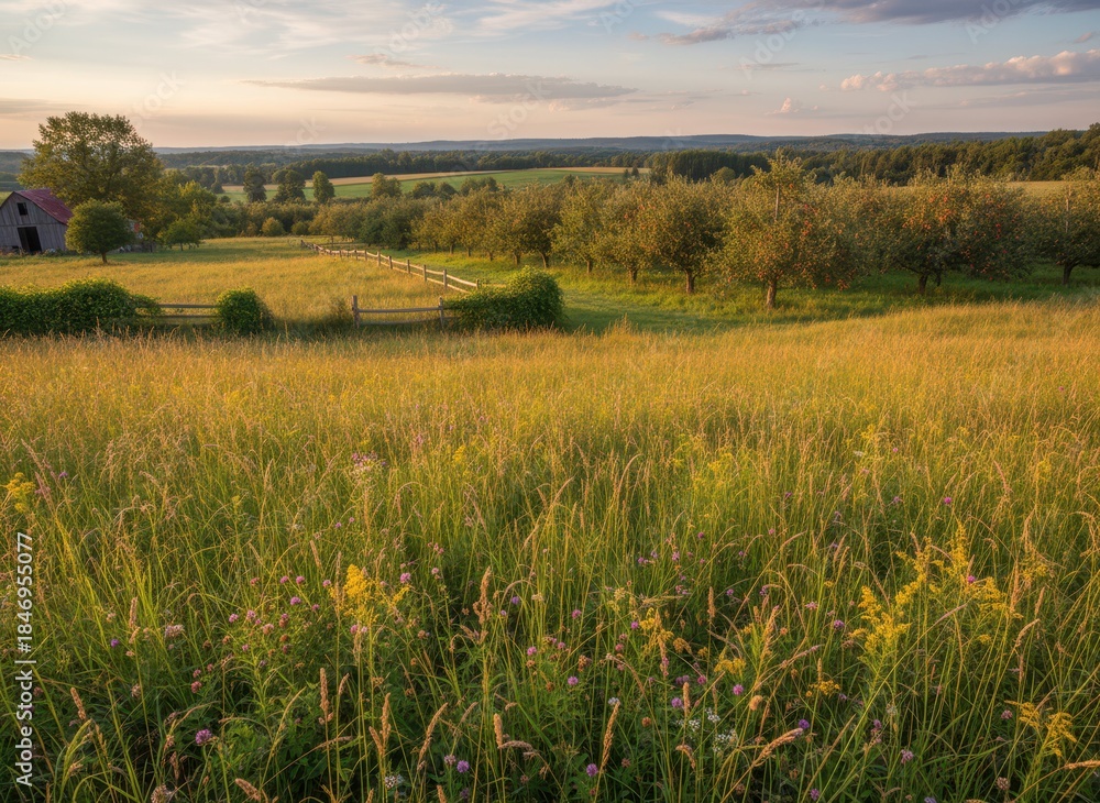 Obraz premium Serene Sunset Over Lush Meadow With Wildflowers and Orchards