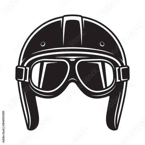 A vintage black and white illustration of an aviator helmet with goggles