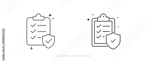 checklist icon. with shield icon. Security Silhouette. Data protection. Insurance policy and clipboard outline icon. vector illustration