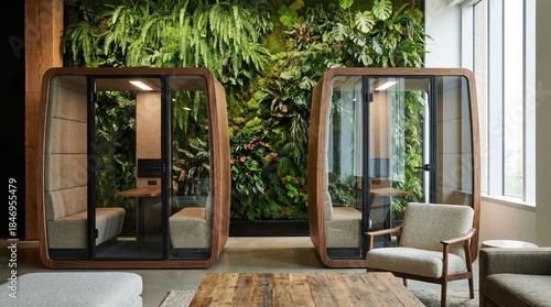 Modern Office Pods With Living Wall Providing Biophilic Workspace Solutions for Focus and Privacy