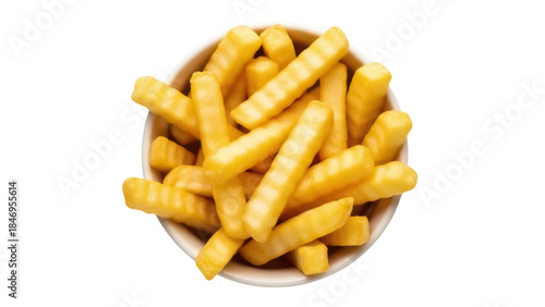 Foto Golden crinkle cut French fries in a bowl isolated PNG, delicious potato snack o