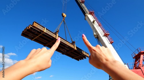 Two Female Hands Pointing Towards a Crane Lifting Heavy Steel Beams Against a Clear Blue Sky During Daylight Hours