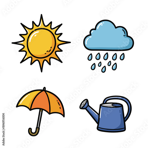 Weather icons including sun, rain cloud, umbrella, and watering can  