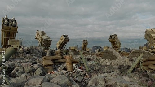 A battery of air-defence systems stands ready to shield the shattered remains of a city from an ongoing enemy bombing campaign.