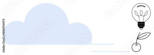 Cloud computing, renewable energy, eco-friendly innovation, sustainability, green technology, growth potential. A blue cloud with light bulb and a plant. Cloud computing and renewable energy