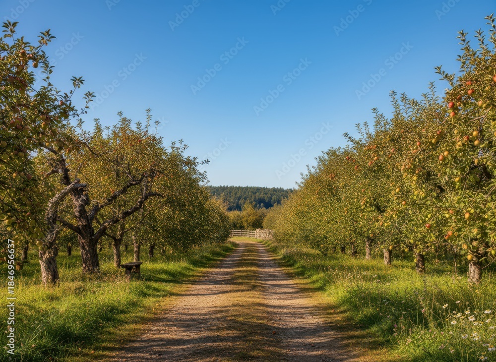 Fototapeta premium Scenic Path Through Apple Orchard Under Clear Blue Sky