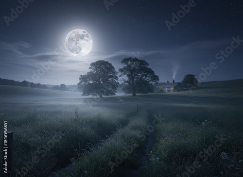 Serene Night Landscape with Moonlit Farmhouse and Misty Field