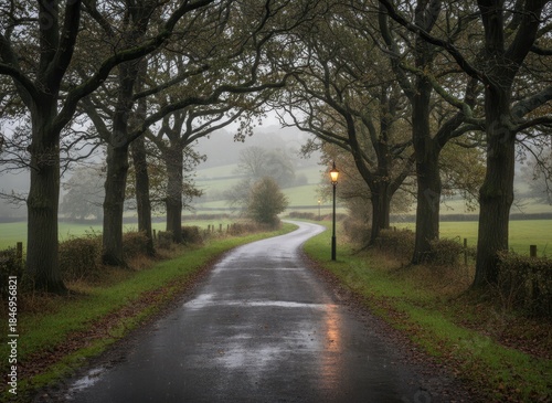 Serene Foggy Country Road Flanked by Trees and Lantern Light