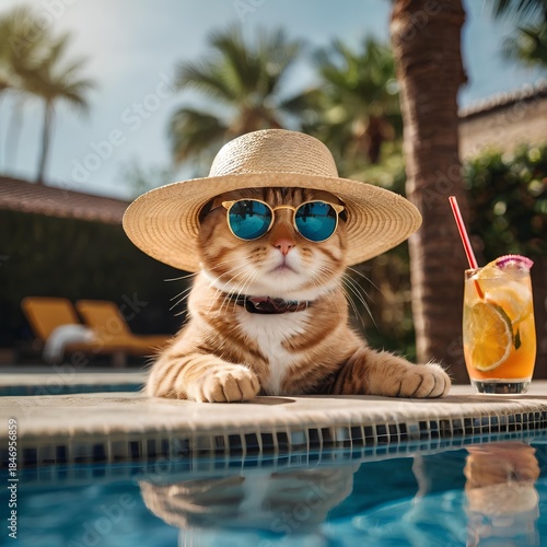 A cat with a straw hat and sunglasses is sunbathing by the pool