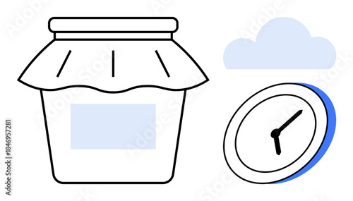 Food storage, time management, cloud technology, productivity, sustainability, organization. A jar with a lid, clock and cloud symbol. Food storage and time management illustration