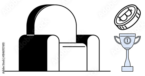 Achievement concept. A trophy, armchair, and cryptocurrency coin success and wealth. Achievement as financial reward and recognition. For finance, competition, leadership, motivation wealth concepts
