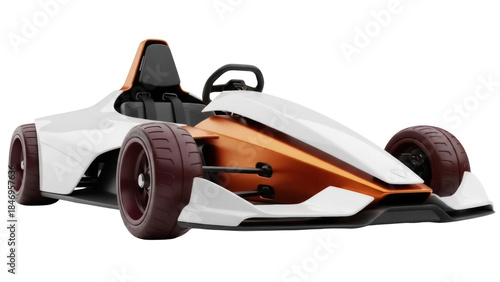 Modern white and brown go-kart PNG isolated on transparent background, racing vehicle for sports and recreation