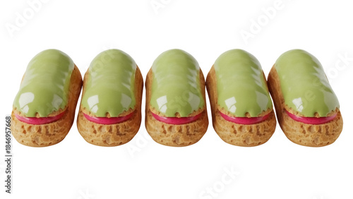 Five green pistachio eclairs isolated PNG, delicious French cream puff pastry dessert on transparent background for patisserie and bakery concepts