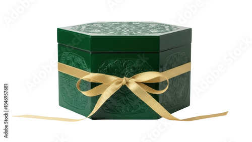 Elegant green hexagonal gift box with gold ribbon isolated PNG, decorative present for special occasions and celebrations