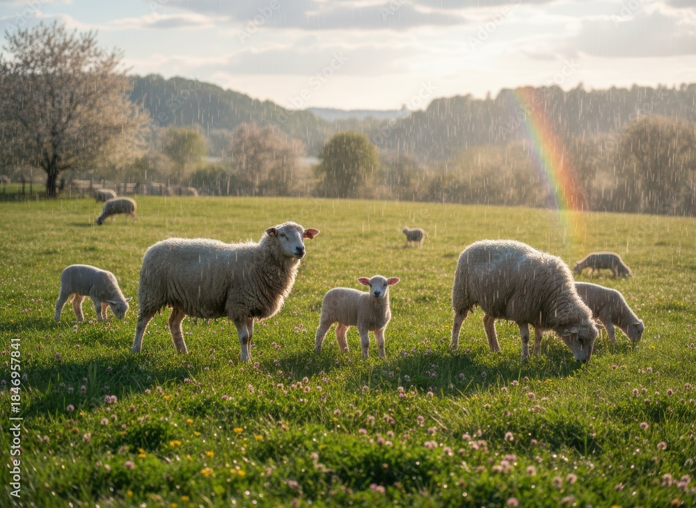 Fototapeta premium Sheep Grazing in Lush Green Field Under Soft Rain with Rainbow