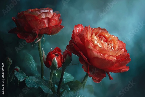 Dramatic Red Roses with Water Drops Fine Art Floral Photography (JPG 300DPI 10800×7200)