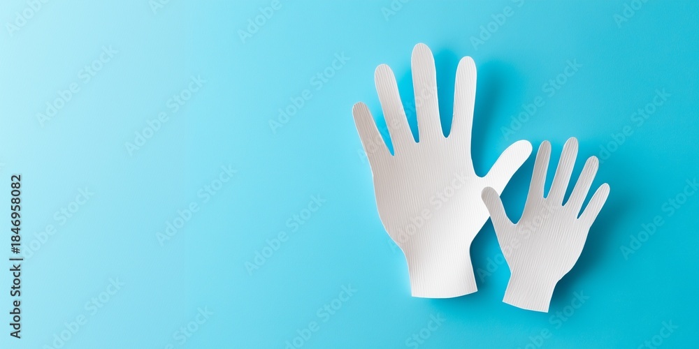 Fototapeta premium Top view paper cut art of parent and child hands on clean blue background with copy space