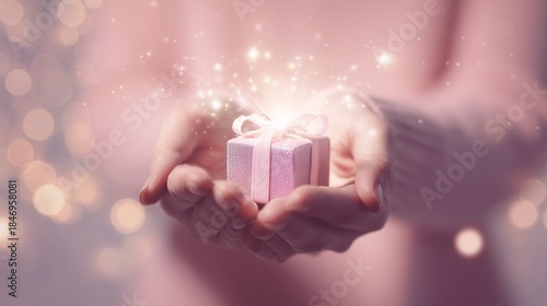 Soft pastel background with hands holding small gift  box, emitting light, magic christmas concept