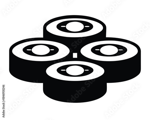 Black and white quadcopter drone icon in minimalist style