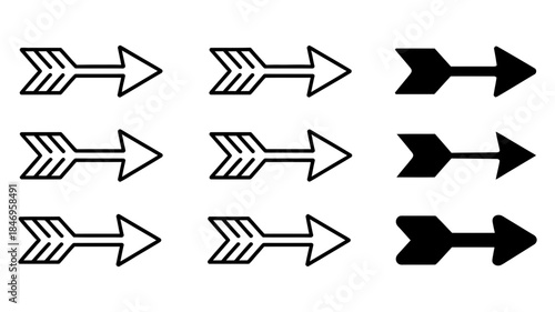 Collection of diverse arrow icons pointing right, showcasing outline and solid variations