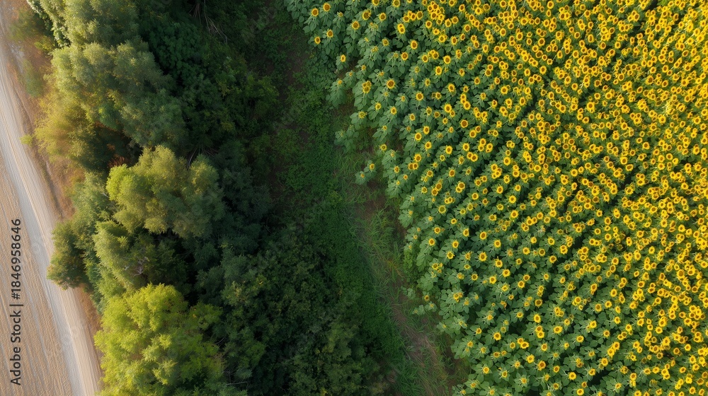 Fototapeta premium Sunflower field next to trees along a dirt road in summer sunlight