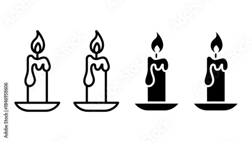 Elegant collection of various candle icons in outline and solid styles with burning flames