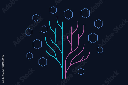 Dual-color branching structure with hexagonal patterns representing digital growth and connectivity