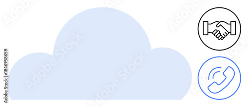 Cloud communication concept. Cloud technology supports collaboration with handshake for partnership and phone for communication. Ideal for teamwork, remote work, networking, connectivity, solutions