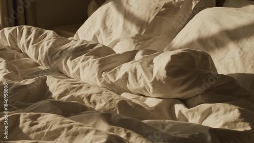Morning Sunlight Illuminates White Bedding With Rumpled Sheets And Pillows Creating Soft Shadows And A Peaceful Atmosphere