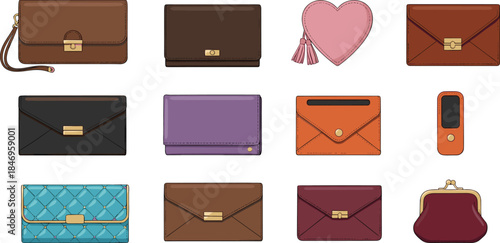 Vector Collection of Stylish Wallets, Purses, and Clutch Bags; Diverse Ladies' Accessories in Different Colors, Shapes, and Textures for Fashion Design