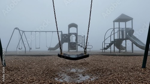 Eerie Playground Fog Scene With Empty Swings and Slides Under a Misty Gray Sky Creates a Mysterious and Abandoned Atmosphere