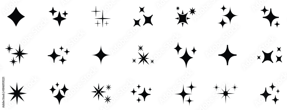 Naklejka premium Set sparkle icon. Star set. Minimalist twinkle star shape symbols. Shining star icons, abstract sparkle black silhouettes. 