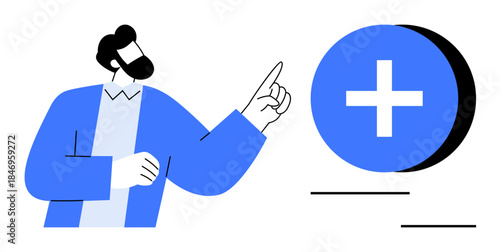 Growth concept. A man points towards a blue plus sign, progress, addition, or positive initiatives. Growth in teamwork, innovation, health, strategy and collaboration