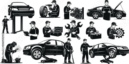 Automotive repair, mechanic illustration, car maintenance, engine inspection, tire change, diagnostic tools, welding work, garage scene, toolbox vector, hydraulic lift, vehicle service