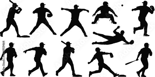 Baseball player silhouettes, batting pose, pitching motion, fielding stance, catching action, sliding athlete, sports icon, team game, athletic movement, dynamic action