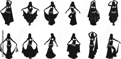 Belly dance, silhouette illustration, traditional costume, elegant poses, cultural art, female dancer, expressive movement, vector graphic, performance, rhythm