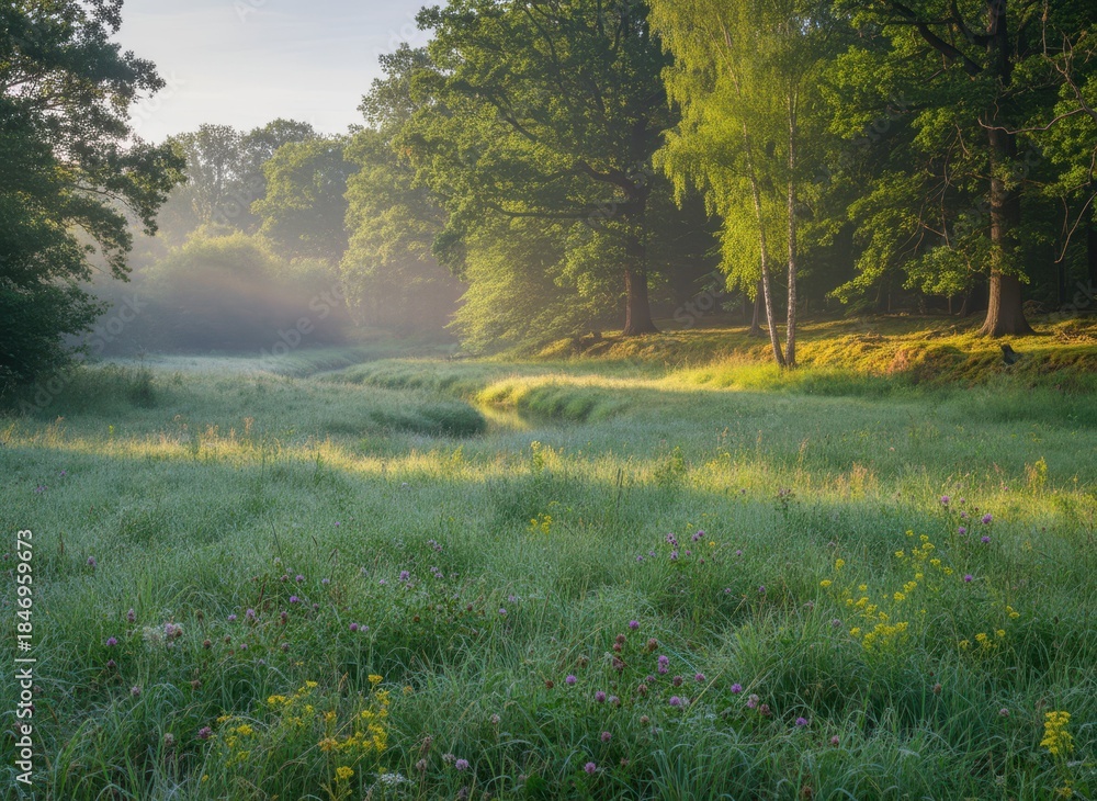 Obraz premium Serene Morning Light Over Lush Green Meadow with Wildflowers