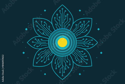 A digital representation of a flower with circuit board details for petals, symbolizing a fusion of nature and technology