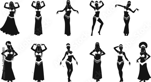 Belly dance, silhouette illustration, traditional costume, expressive movement, female dancer, cultural art, elegant pose, vector graphic, rhythm, performance