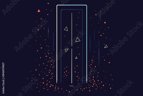 A futuristic digital portal concept with geometric elements and light particle effects