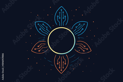 Circuit flower design representing the fusion of technology and nature on a dark background