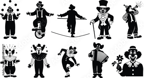 Clown performance silhouettes, circus icons, juggling act, unicycle rider, tightrope walker, comedy pose, dancing clown, accordion player, flower prop, theatrical gesture
