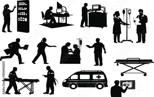 Medical emergency response and hospital silhouettes
