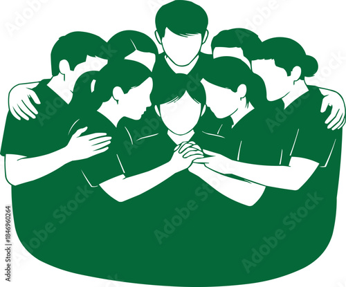 A group of people in a circle with their arms around each other