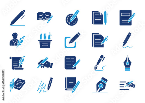 Writing thin solid icon set. Containing book, compose, paper and pen, text, writer, stationery, edit, document, draw, script